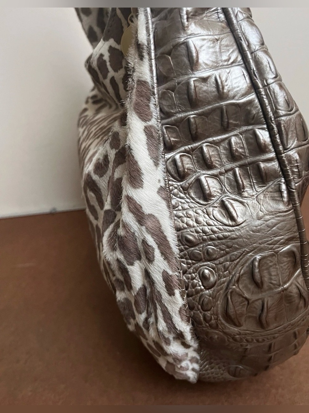 Brahmin Kathleen Exotic Leopard & Croc Leather Hobo Shoulder Bag Gold-tone  EUC - Picture 5 of 15